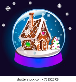 Magic Christmas snow globe vector illustration. Glass snowglobe gift with small house, winter pine tree and falling snow inside.