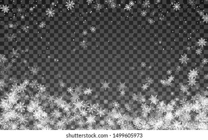 Magic Christmas snowfall. Falling white snowflakes on transparent background. Vector illustration