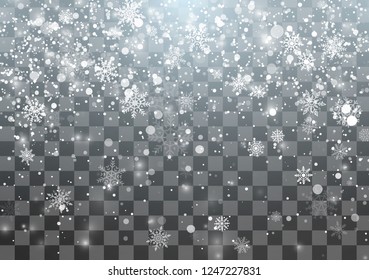 Magic Christmas Snowfall template. Falling snowflakes on transparent background. Abstract magical Xmas holiday background. Vector illustration