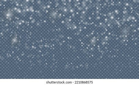 Magic Christmas snowflake overlay background. Realistic falling snow for New Year greeting card. Transparent pattern with blizzard and flakes.