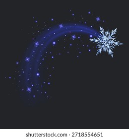 Magic Christmas snowflake with a sparkling glitter trail on a dark background. Vector illustration featuring a glowing star dust wave, shimmering light particles