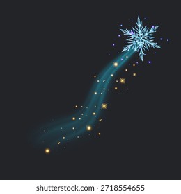 Copo de nieve de Navidades mágicas con un rastro de brillo brillante sobre un fondo oscuro. Ilustración vectorial con una brillante onda de polvo de estrella, brillantes partículas de luz