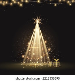 Magic Christmas sparkling bright tree . Gold shiny Christmas tree as symbol of Happy New Year, Merry Christmas holiday celebration. Golden light decoration with light garlands, box.