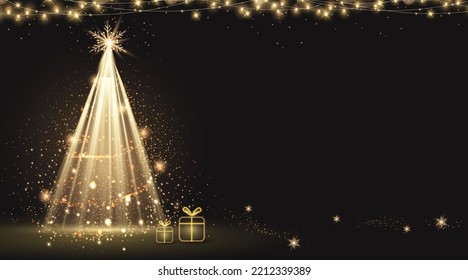 Magic Christmas sparkling bright tree . Gold shiny Christmas tree as symbol of Happy New Year, Merry Christmas holiday celebration. Golden light decoration with light garlands, box.