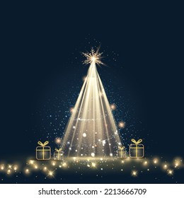 Magic Christmas sparkling bright tree . Gold shiny Christmas tree as symbol of Happy New Year, Merry Christmas holiday celebration. Golden light decoration with light garlands, box.