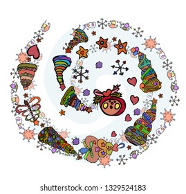 Magic Christmas spiral. Cartoon surprised face in a whirlwind of Christmas trees, hearts and snowflakes and other New Year attributes.