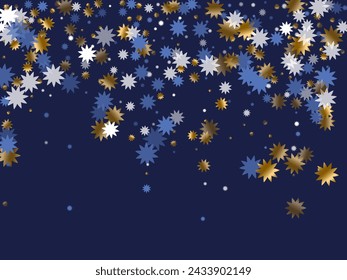 Diseño gráfico mágico del patrón de vacaciones de la estrella de Navidad. Confeti brillante azul dorado blanco. Fondo de estrella de póster. La forma de estrella de Navidad brilla. Explosión elegante de invierno.