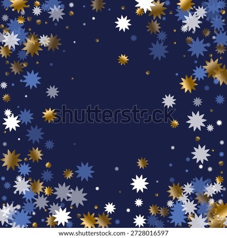 Magic Christmas star vector background graphic design. Gold blue white sparkle confetti. Poster starburst pattern. Christmas star shape confetti. Celebration refined explosion.