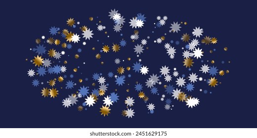 Magic Christmas star vector ornament illustration. Gold blue white twinkle confetti. Poster starburst backdrop. Christmas star symbol confetti. Twinkling glittering print.