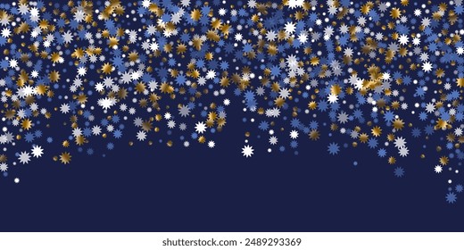 Magic Christmas star vector scatter graphic design. Gold blue white sparkle confetti. Poster stardust ornament. Christmas star icon glitter. Award decorative explosion.