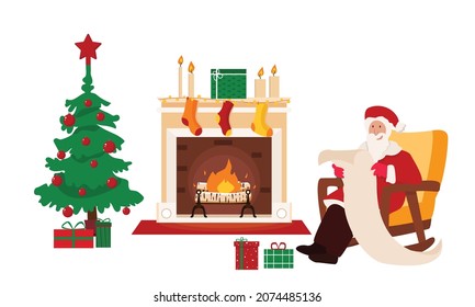 
magic, christmas time, wishes, surprise, socks, gifts in the bag, cozy interior, sitting, empty, claus, gifts, nicholas, traditional, pine, box, cozy, green, chair, party, december, armchair, fire, i