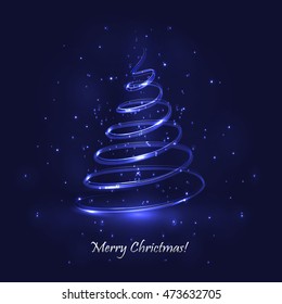 Magic Christmas Tree. Dark Blue Background. Christmas Card