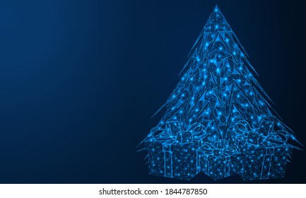 Magic Christmas tree with gifts. Bright holiday tree. Polygonal design of concatenated lines and points. Blue background.