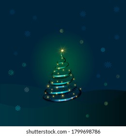 Magic Christmas tree with golden lights and a shining star. Two thousand twenty two. Greeting card.