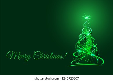 Magic christmas tree, green xmas fir with glow ribbons, balls and snowflakes. Vector illustration
