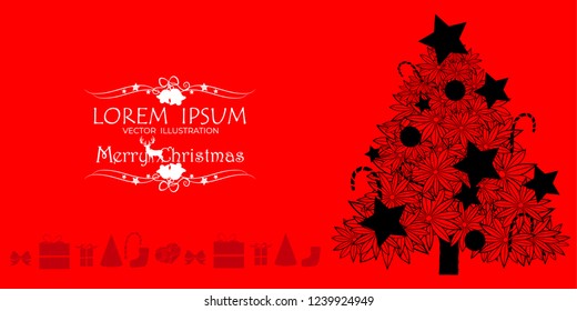 Magic christmas tree Isolated on red Background for Web Design. Vector illustration, calligraphic design. Christmas background with snowfake, Merry Christmas greeting card.  