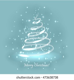 Magic Christmas Tree. Light Blue Background. Christmas Card