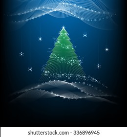 Magic Christmas tree in shining stars and snowflakes on a blue background, vector