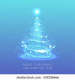 Magic Christmas tree with sparkle and gold dust on blue background. Merry christmas and Happy New Year greeting card. Vector illustration. EPS 10
