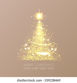 Magic Christmas tree with sparkle and gold dust on elegant vintage background. Merry christmas and Happy New Year greeting card. Vector illustration. EPS 10