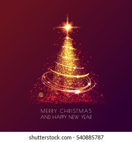 Magic Christmas tree with sparkle and gold dust on red background. Merry christmas and Happy New Year greeting card. Vector illustration. EPS 10