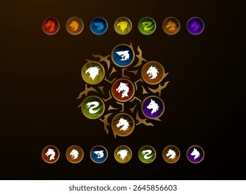 magic circle amulet nature animal house clan symbol badge in fantasy gold frame. shark, dragon, wolf, lion, horse, snake, eagle icon