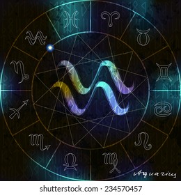 Magic circle with astrological Aquarius symbol in center.