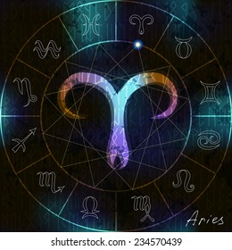 Magic circle with astrological Aries symbol in center