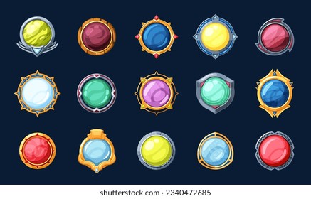 magic circle buttons set. different colored and shaped shiny metal bulbs, ui arcade game assets, menu buttons. vector fantasy objects.