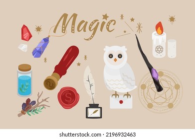 Círculo mágico, velas, botella de poción, cristales, búho, cera sellante, letra, pluma de codorniz, desplazamiento mágico y varita. Elementos para juegos de computadora, cosas aisladas para wiz, conjunto de iconos