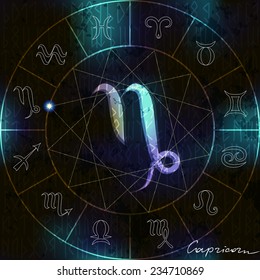 Magic circle in Capricorn astrological  symbol in center.