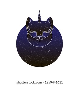 Magic circle cat unicorn. Vector line round caticorn animal illustration, night sky color silhouette isolated on white background.