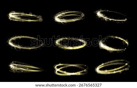 Magic circle glow. Shining golden light rings with sparkles, glowing swirl effect and glittering energy trails. Abstract magical halo, luminous circular motion and sparkling vortex loop vector set.