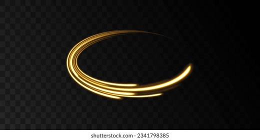 Magic circle. Golden glowing shiny spiral lines vector background. Abstract light speed motion effect. Portal and frame. Semicircular wave, light trail curve swirl, incandescent optical fiber png.