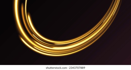 Magic circle. Golden glowing shiny spiral lines vector background. Abstract light speed motion effect. Portal and frame. Semicircular wave, light trail curve swirl, incandescent optical fiber png.