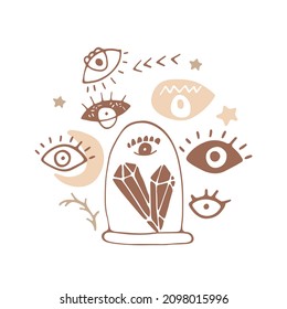 Magic circle illustration with Witch details. Esoteric hand painted print with astrological symbols, crystals, sun, hourglass, potion, evil eye, occult hand. Boho colors, witchcraft esoteric