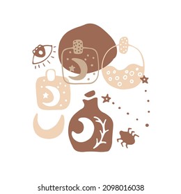 Ilustración de círculo mágico con detalles de bruja. Impresión estética pintada a mano con símbolos astrológicos, cristales, sol, vidrio de pata, poción, ojo malvado, mano oculta. Colores boho, brujería esotérica