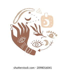 Ilustración de círculo mágico con detalles de bruja. Impresión estética pintada a mano con símbolos astrológicos, cristales, sol, vidrio de pata, poción, ojo malvado, mano oculta. Colores boho, brujería esotérica
