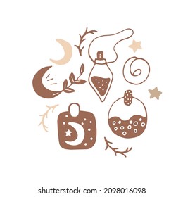 Magic circle illustration with Witch details. Esoteric hand painted print with astrological symbols, crystals, sun, hourglass, potion, occult hand. Boho colors, witchcraft esoteric