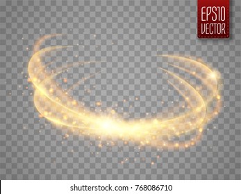 Magic circle isolated on transparent backgroun. Gold shine round light effect. Vector glow  ring with particles.