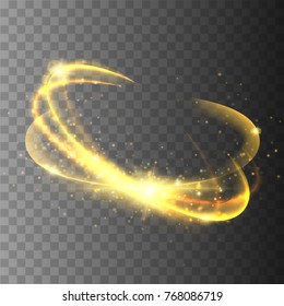 Magic circle isolated on transparent backgroun. Gold shine round light effect. Vector glow  ring with particles.