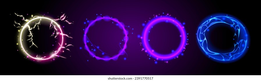 Magic circle light effect with neon glow energy. 3d abstract blue circular swirl ball. Lightning vortex explosion isolated frame element. multiverse hologram orb teleport with digital plasma wave.