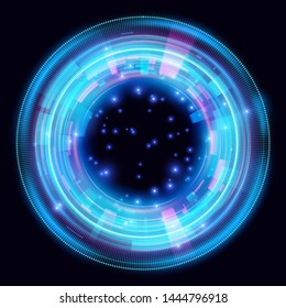 Magic circle light effects. Illustration isolated on dark background. Mystical portal. Bright sphere lens. Rotating lines. Glow ring. Magic neon ball. Vector. Eps10