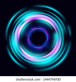 Magic circle light effects. Illustration isolated on dark background. Mystical portal. Bright sphere lens. Rotating lines. Glow ring. Magic neon ball. Vector. Eps10