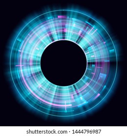 Magic circle light effects. Illustration isolated on dark background. Mystical portal. Bright sphere lens. Rotating lines. Glow ring. Magic neon ball. Vector. Eps10