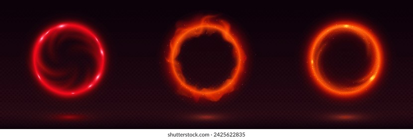 Portal de círculo mágico con fuego, brillo de neón y chispas sobre fondo negro. Conjunto de ilustración vectorial realista de anillo de luz con efecto de resplandor rojo y naranja. Borde redondo brillante con llama.