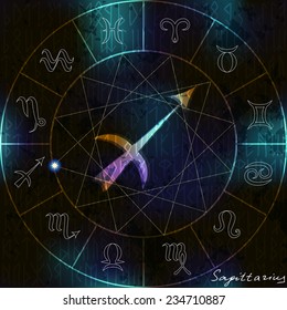 Magic circle with Sagittarius astrological symbol in center.