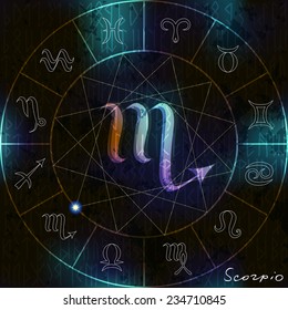 Magic circle with Scorpio astrological symbol in center