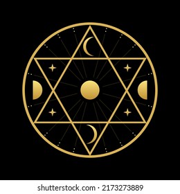Magic circle with star of david and moon phases golden boho on black background vector design.