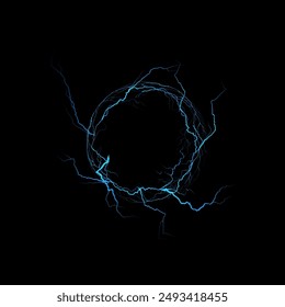 Magic circle of thunderbolt blue lightning effect vector illustration. Realistic electricity blast effect ring shape with light rays. Flash light thunder spark and explosion. Round bolt lightning